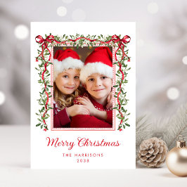 Cartão De Festividades Feliz Natal Laços Vermelhos Vegetação Foto em Aqua