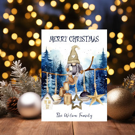 Cartão De Festividades Feliz Natal Lady Gnomo sobre Floresta Azul