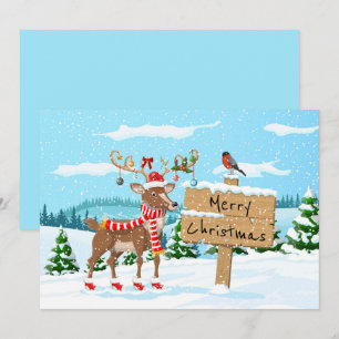 Cartão De Festividades Feliz Natal Lindos Rudolph e Pássaro