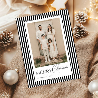 Cartão De Festividades Feliz Natal Listras Pretas e Brancas Foto com Letr
