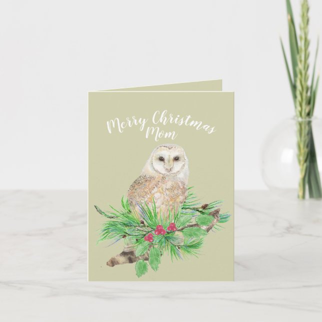 Cartão De Festividades Feliz Natal Mãe Barn Owl Watercolor (Frente)
