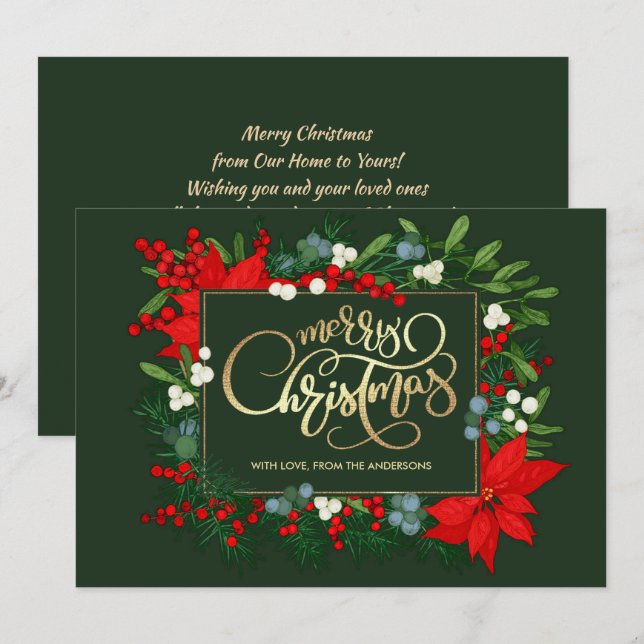 Cartão De Festividades Feliz Natal. Mão desenhada Mistletoe, Poinsettia (Frente/Verso)