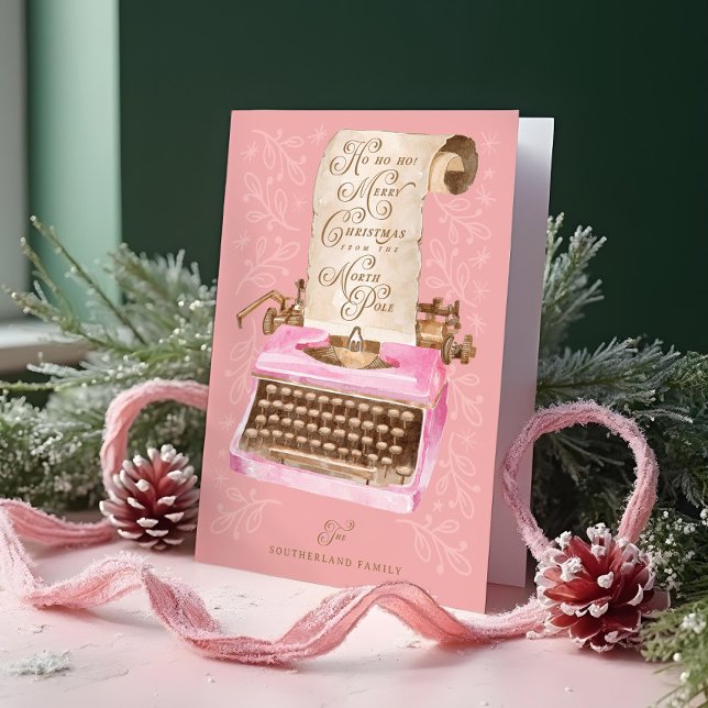 Cartão De Festividades Feliz Natal Máquina de Escrever Rosa Retrô Carta d (Merry Christmas Retro Pink Typewriter Santa Letter Holiday Card)