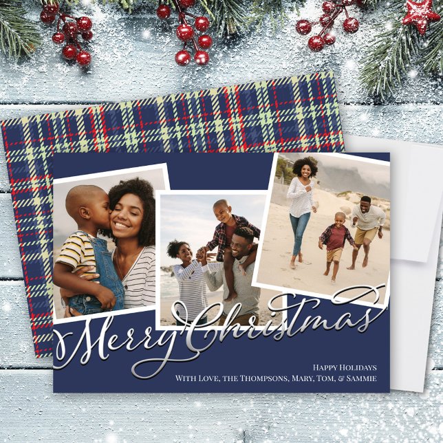 Cartão De Festividades Feliz Natal Marinho de Fotografias Azul Xadrez Ver (Merry Christmas Navy Blue Plaid Multi Photo Holiday Card)