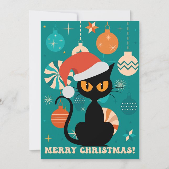 Cartão De Festividades Feliz Natal MidCentury Gato Moderno em Santa Hat (Frente)