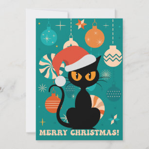 Cartão De Festividades Feliz Natal MidCentury Gato Moderno em Santa Hat