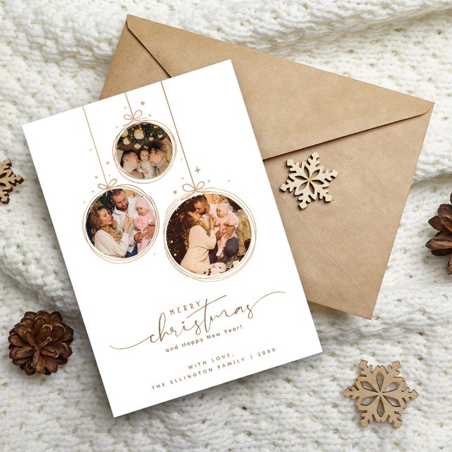 Cartão De Festividades Feliz Natal Mínimo da Família Elegante de 3 Fotos (Criador carregado)