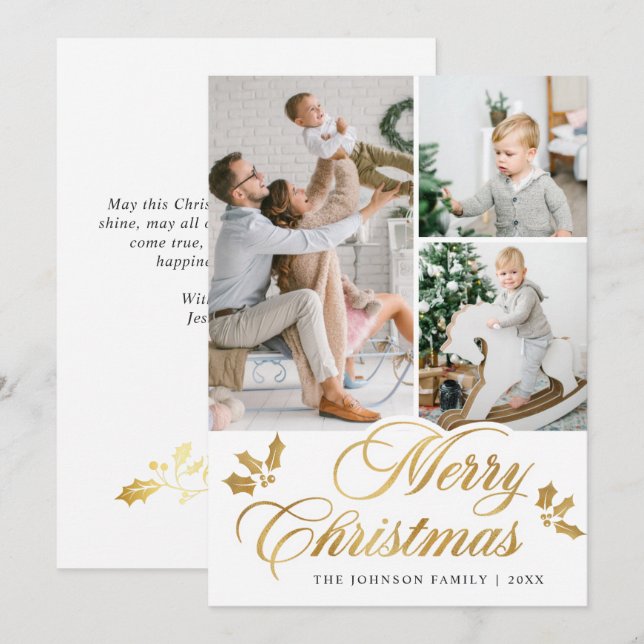 Cartão De Festividades Feliz Natal Moderno 3 FOTO Saudação (Frente/Verso)