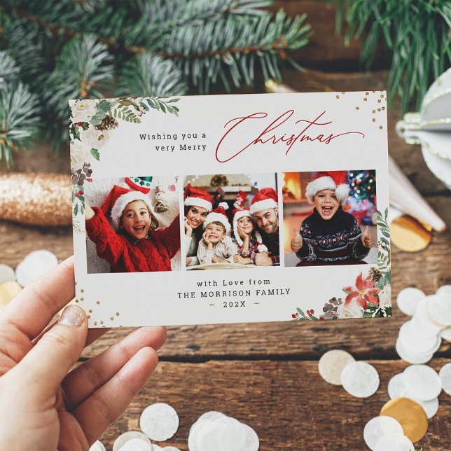 Cartão De Festividades Feliz Natal Moderno Floral 3 Foto Saudação (Criador carregado)