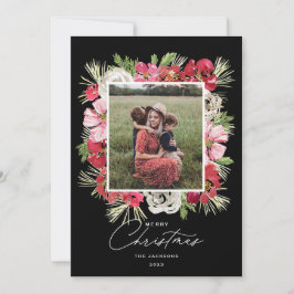 Cartão De Festividades Feliz Natal - Moldura de Flor de Água Preta