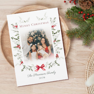 Cartão De Festividades Feliz Natal Moldura de Foto Botânica em Aquarela