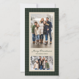 Cartão De Festividades Feliz Natal moldura de xadrez verde com duas fotos