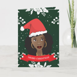 Cartão De Festividades Feliz Natal, Mulher Negra com Papai Noel, Verde