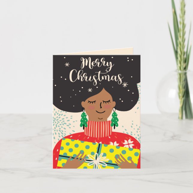 Cartão De Festividades Feliz Natal, Mulher Negra, Suéter Brilhante Presen (Frente)