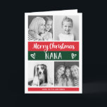 Cartão De Festividades Feliz Natal Nana| Grade de Fotos de Bloqueio de Co<br><div class="desc">Este cartão de Natal de Tendência e na moda mostra quatro fotos de você e sua avó, com blocos de cores modernos em vermelho e verde festivo, com tipografia escrita à mão branca e corações bonitos rabiscados. O cartão diz "Feliz Natal Nana", e há uma dentro para você adicionar sua...</div>