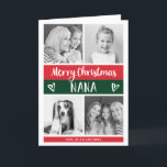 Cartão De Festividades Feliz Natal Nana| Grade de Fotos de Bloqueio de Co<br><div class="desc">Este cartão de Natal de Tendência e na moda mostra quatro fotos de você e sua avó, com blocos de cores modernos em vermelho e verde festivo, com tipografia escrita à mão branca e corações bonitos rabiscados. O cartão diz "Feliz Natal Nana", e há uma dentro para você adicionar sua...</div>