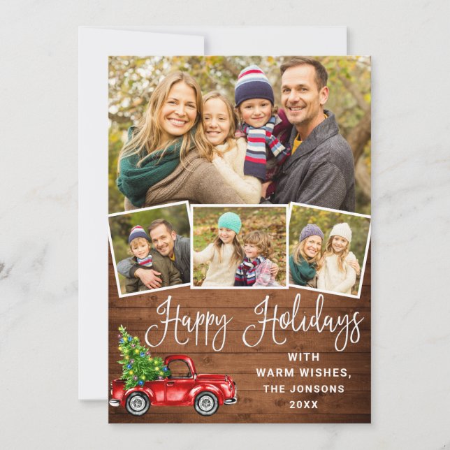 Cartão De Festividades Feliz Natal Natal Caminhão Vermelho Fazenda 4 Foto (Frente)