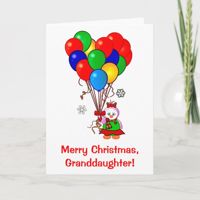 Cartão De Festividades Feliz Natal, neta Pinguin e Balões (Frente)