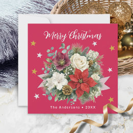 Cartão De Festividades Feliz Natal Nome da Família Vermelho Floral