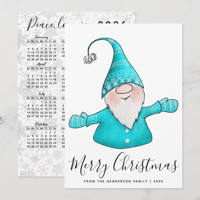 Cartão De Festividades Feliz Natal Nórdico Gnome Teal 2025 Calendário (Frente/Verso)