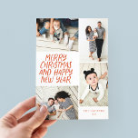 Cartão De Festividades Feliz Natal Novo Ano Vermelho 4 Fotografia Colagem<br><div class="desc">Este cartão festivo e multifoto de feriado apresenta o tipo escrito em forma de mão com uma colagem de fotos mostrando 4 das suas fotos. O verso apresenta um padrão de ponto flutuante em cores correspondentes. Basta adicionar suas fotos e texto com alguns toques e cliques e você está pronto....</div>