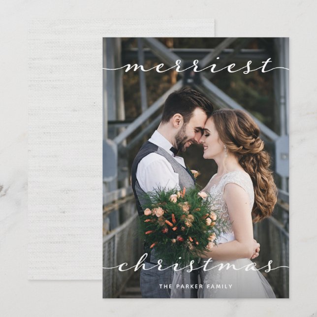 Cartão De Festividades Feliz Natal | One Photo Script Linen Look (Frente/Verso)