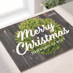 Cartão De Festividades Feliz Natal País Rustico Pinheiro Coroa Madeira