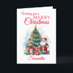 Cartão De Festividades Feliz Natal Papai Noel<br><div class="desc">Um belo cartão de Natal da Festa Festiva, composto por um desenho animado de Padre Natal ( papais noeis), uma árvore de abeto decorada e presentes enrolados. Todo texto pode ser personalizado e, em seguida, personalizar com um nome. A mensagem dentro também pode ser alterada / adicionada a . Uma...</div>