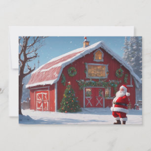 Cartão De Festividades Feliz Natal - Papai Noel e Celeiro Vermelho