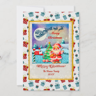 Cartão De Festividades Feliz Natal Papai Noel, Trenó, Rena, Floco de Neve