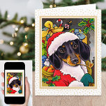 Cartão De Festividades Feliz Natal Papais noeis Cachshund<br><div class="desc">É hora de ficar festivo com esses Papais noeis engraçados,  Cachorro Nórdico! Apresentando um belo Daschund com um chapéu de Papai Noel e um cheio de presentes. O dentro de saudações e mensagens pode ser personalizado,  para que você possa torná-lo realmente único. Tamanho: pequeno,  4" x 5, 6"</div>