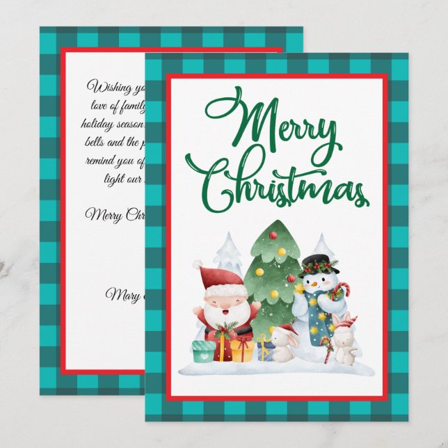 Cartão De Festividades Feliz Natal - Papais noeis de Aquarela e Snowman (Frente/Verso)