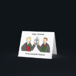 Cartão De Festividades Feliz Natal para o marido Gay<br><div class="desc">Uma imagem simples de um casal macho se tostando com óculos de champanhe. Os homens estão vestindo coletes festivos coloridos. A imagem é colocada sobre um fundo branco e acompanhada das palavras "Feliz Natal ao meu maravilhoso marido".</div>