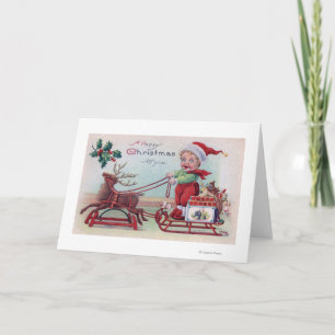 Cartão De Festividades Feliz Natal para o Menino de um Sleigh