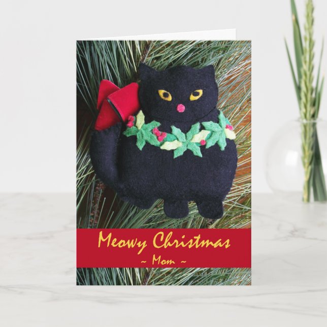 Cartão De Festividades Feliz Natal para Ornamento de Gato Preto-Mãe (Frente)