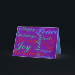 Cartão De Festividades Feliz Natal Paz Joel Feliz Natal<br><div class="desc">Felizes Feriados,  Paz,  Joy,  Noel,  Feliz Natal,  Feliz Texto Chanukah em Vermelho,  Verde e Azul em um fundo roxo. Feliz ano novo de leitura da placa no interior.</div>
