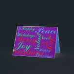 Cartão De Festividades Feliz Natal Paz Joel Feliz Natal<br><div class="desc">Felizes Feriados,  Paz,  Joy,  Noel,  Feliz Natal,  Feliz Texto Chanukah em Vermelho,  Verde e Azul em um fundo roxo. Feliz ano novo de leitura da placa no interior.</div>