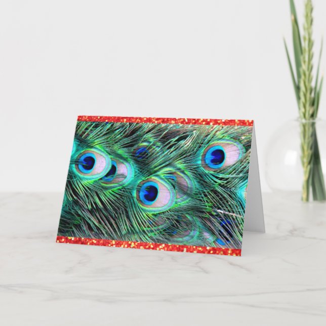 Cartão De Festividades Feliz Natal - Peacock e Red Glitter (Frente)