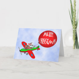 Cartão De Festividades Feliz Natal, piloto de cães no avião com balão.