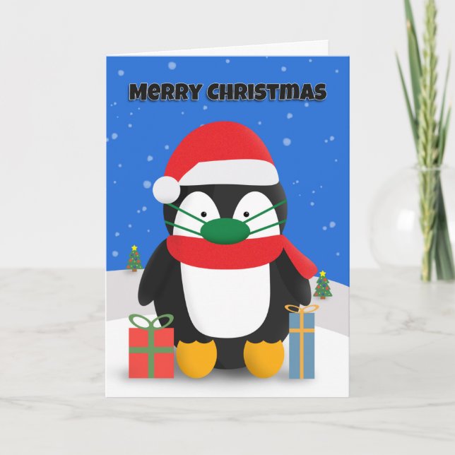 Cartão De Festividades Feliz Natal - Pinguim Bonito em Máscara Pandêmica (Frente)