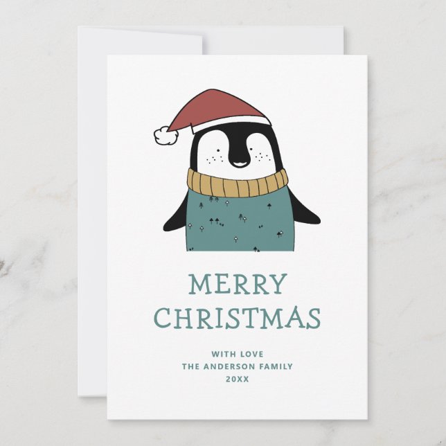 Cartão De Festividades Feliz Natal. Pinguim Papai noel de inverno engraça (Frente)