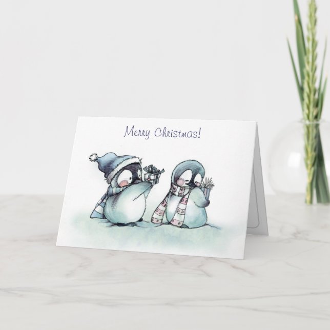 Cartão De Festividades Feliz Natal - Pinguins Pequenos (Frente)