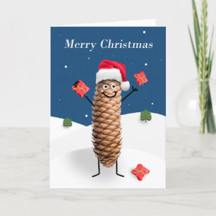 Cartão De Festividades Feliz Natal Pinhão Feliz de Chapéu de Papai Noel