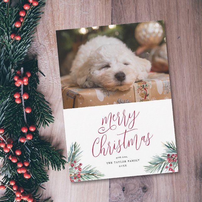 Cartão De Festividades Feliz Natal - Pinheiros e Berries (Merry Christmas Watercolor Pine and Berries Holiday Card)