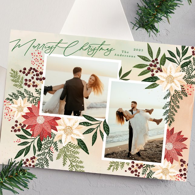 Cartão De Festividades Feliz Natal Poinsettia Foto Botânica Colagem (Criador carregado)