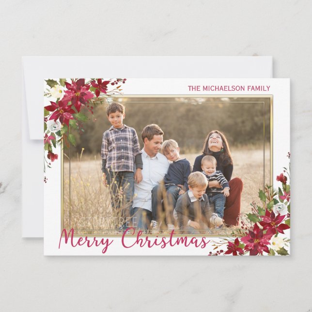 Cartão De Festividades Feliz Natal Poinsettia Foto Dourada (Frente)