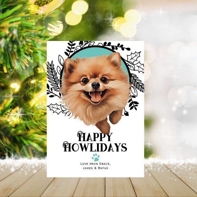 Cartão De Festividades Feliz Natal Pomeraniano (Happy Howlidays Pomeranian Dog Christmas Holiday Card by Ricaso. Cute dog breed holiday cards)