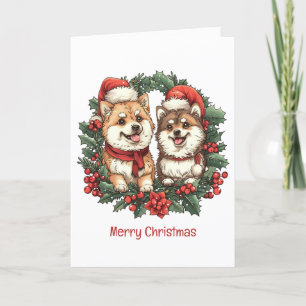 Cartão De Festividades Feliz Natal Pomeranianos Cães Mistletoe Wreath