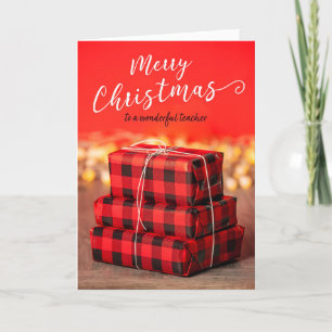 Cartão De Festividades Feliz Natal Professor Pilha de Presentes no Vermel