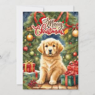 Cartão De Festividades Feliz Natal Puppy e Árvore de Natal